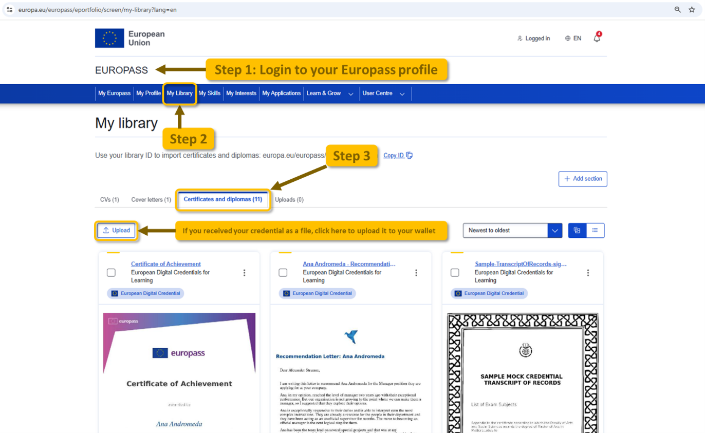 How to add an EDC to Europass wallet 
