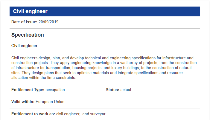 Figure 8 Description of an actual occupation type entitlement in the EDC Viewer