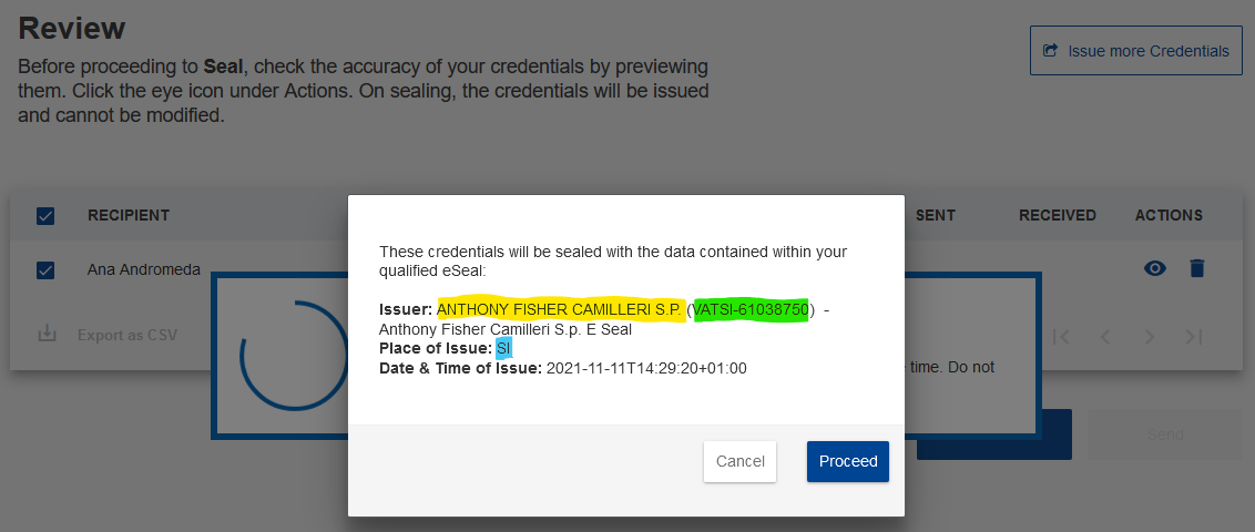 Issuer organisation data displayed after sealing 