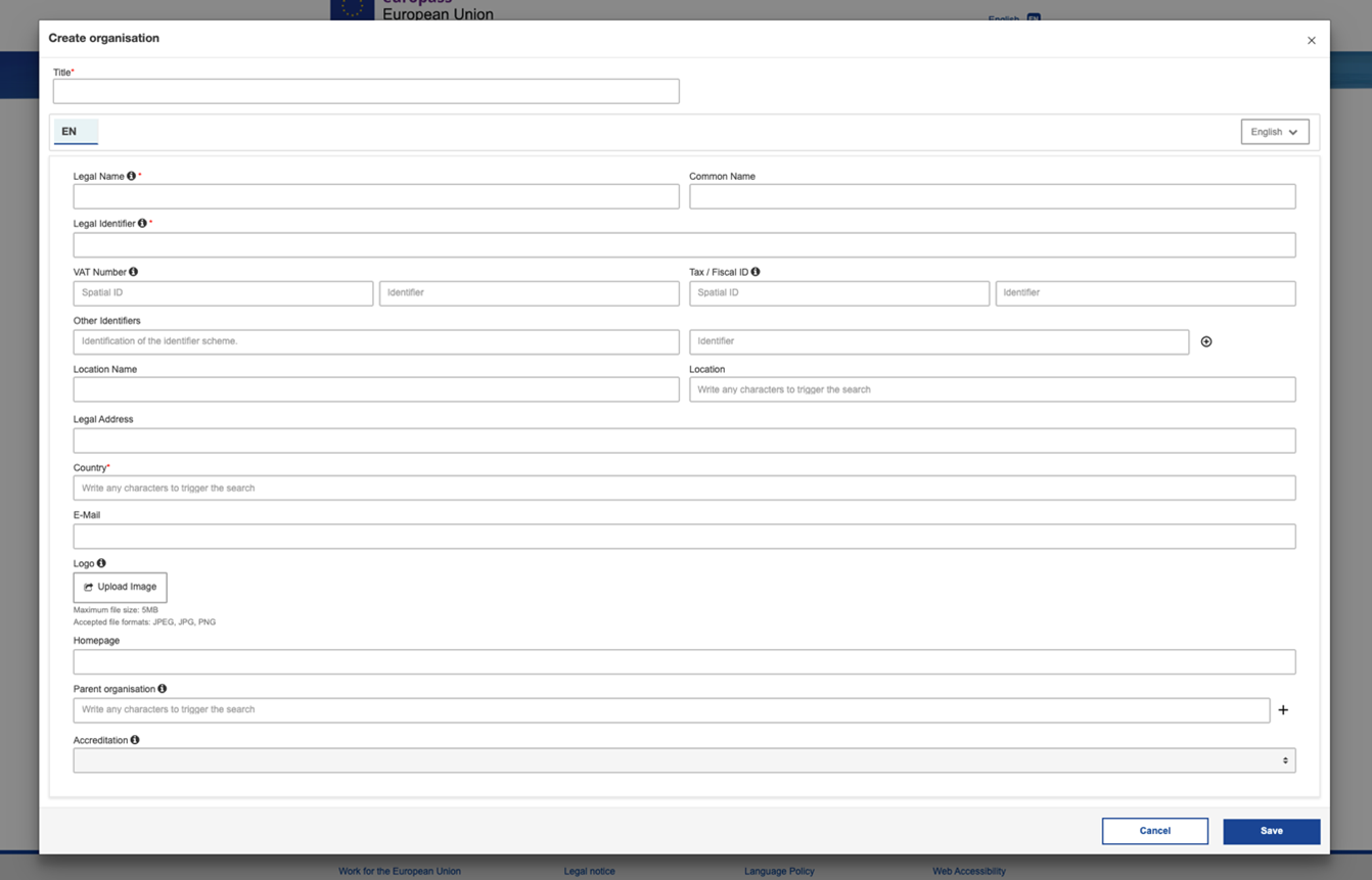 Screenshot of the Organisation tab 
