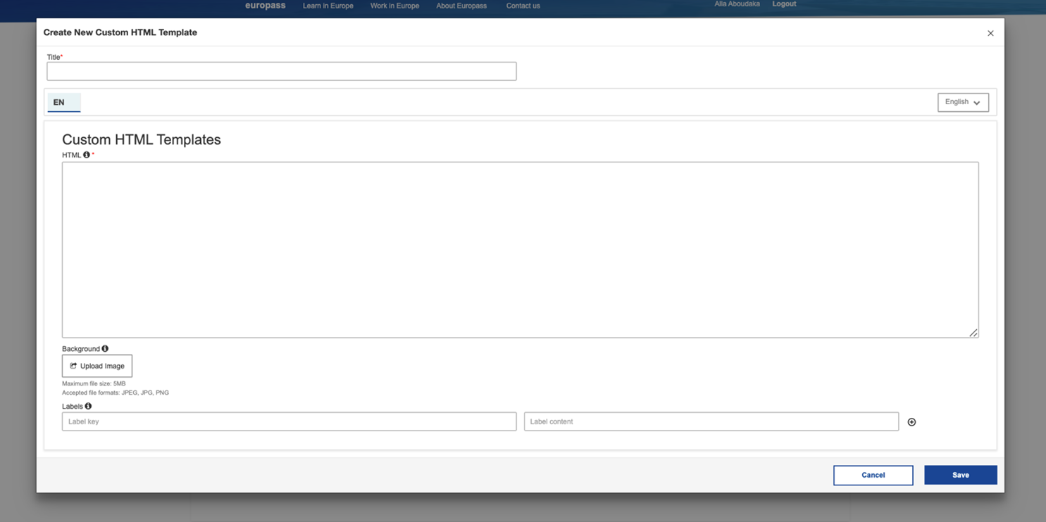 Screenshot of the Custom HTML template tab