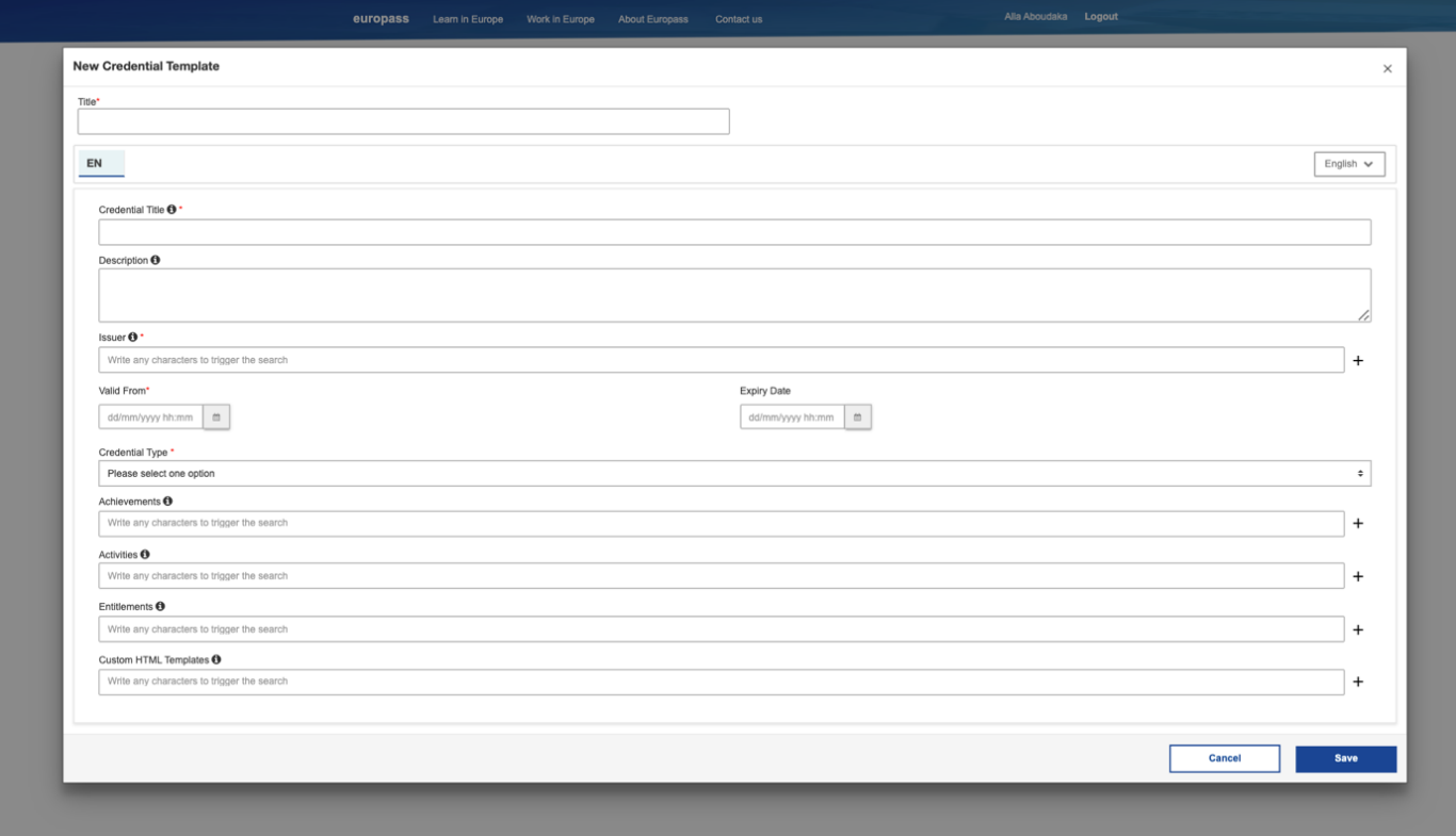 Figure: Screenshot of the page on the Online Credential Builder