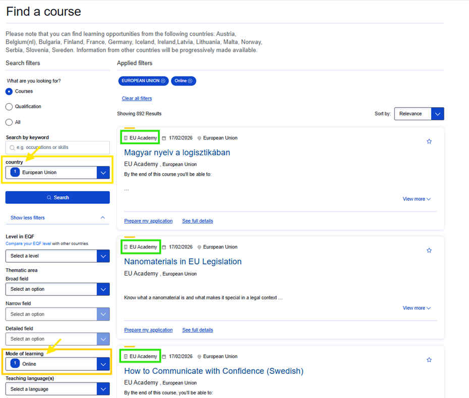Immage showing the steps explained in text (on where to find EU Academy courses)