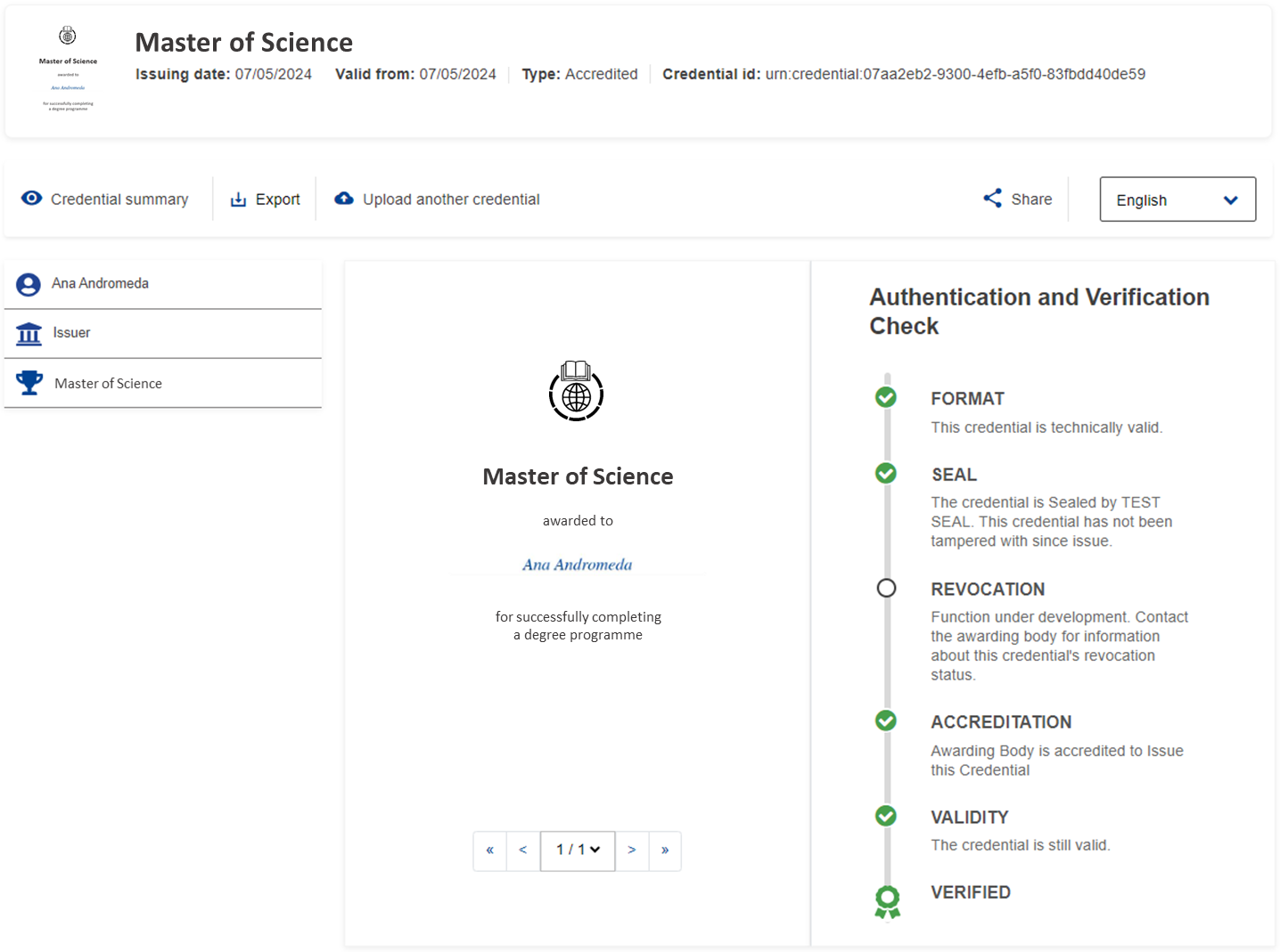 example of a European Digital Credential for Learning with the Accreditation Check