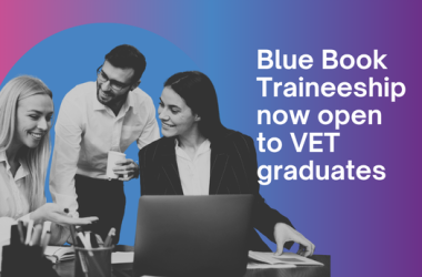 people looking at the computer. text on the image: Blue Book Traineeships now open to VET graduates 